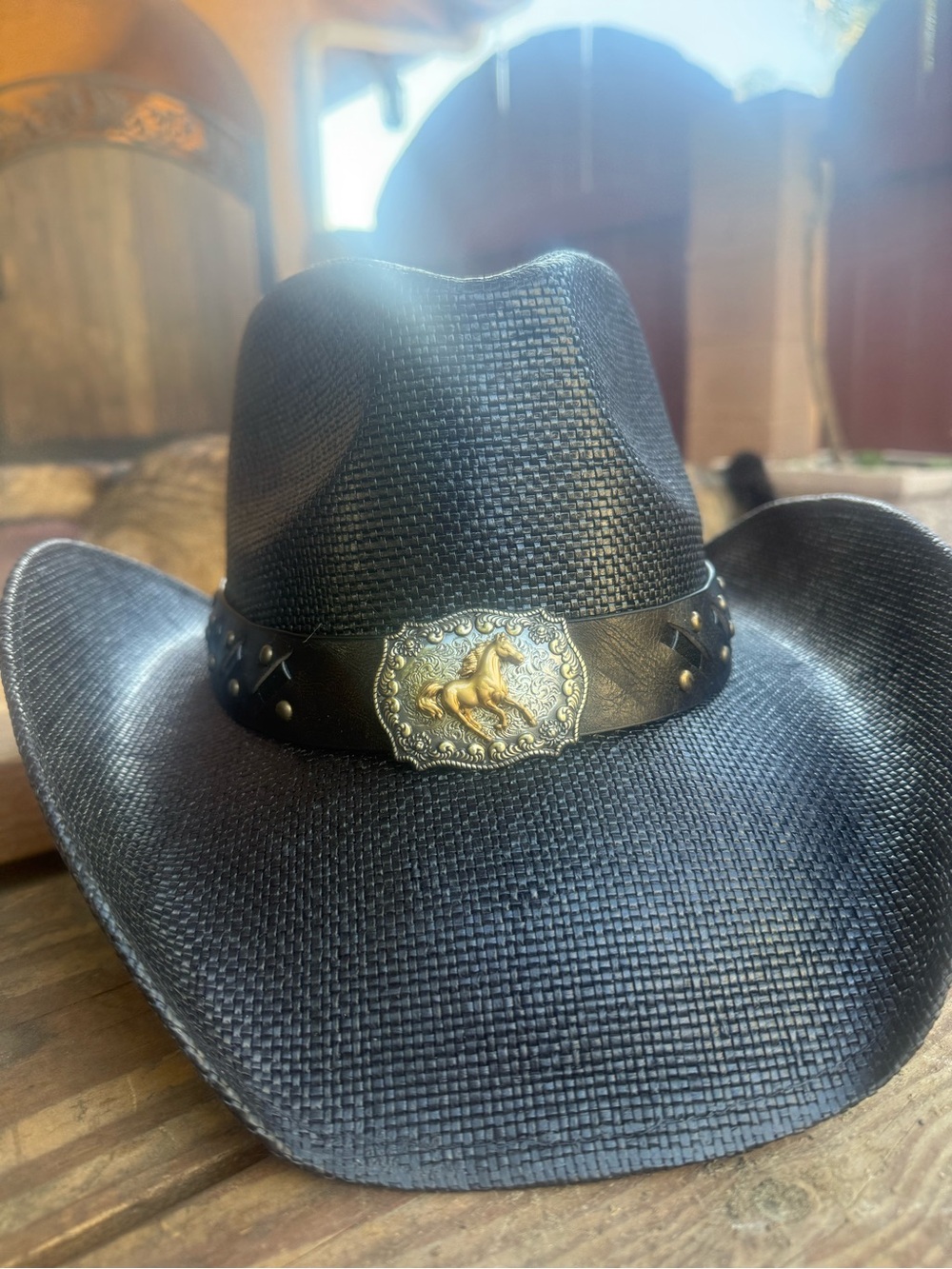 Black Western Straw Cowboy Hat with Decorative Horse Buckle